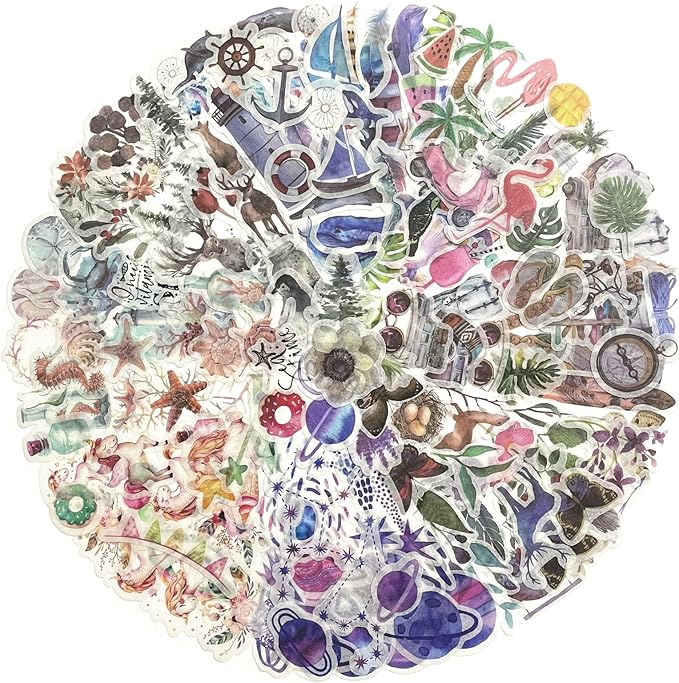Yoksas 320 Pcs Watercolor Washi Stickers - Forest Nature, Ocean Animals, Sea Beach Aesthetic Stickers for Scrapbooking, Planners, Calendars, Bullet Journal