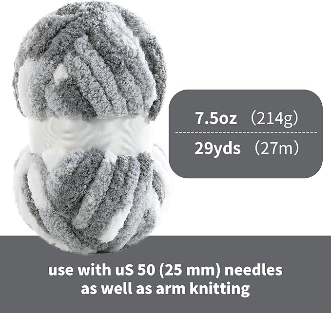 HOMBYS 8 Pack Giant Chunky Yarn for Crocheting and Hand Knitting/Arm Knitting - Super Bulky Large Soft Fluffy Tie Dye Plush Fuzzy Mixed Color Thick Chenille Yarn (Dark Grey, Grey, White)