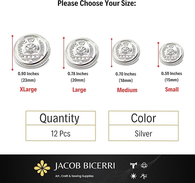 Silver Metal Shank Buttons - 12 Pcs - 4 Size Options - Crown Flat Round Metal Shank Buttons for Men Women Blazer Coat Uniform Shirt Suit and Jacket Sewing Craft DIY N8704