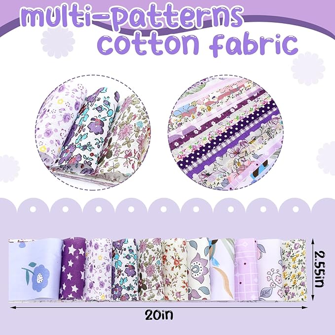 Ganeen 100 Pcs Purple Floral Quilting Fabric Roll 2. 56 Inch Fabric Squares Jelly Patchwork Precut Strips Bundles for Holiday Materials Craft DIY Sewing Cloths