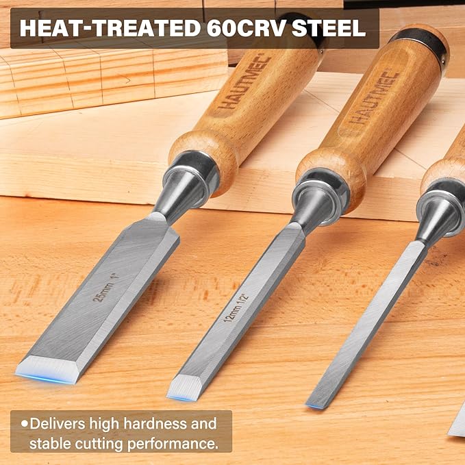 HAUTMEC Wood Chisel Set for Woodworking, 4-Piece Bevel Edge Mortise Chisel Set with 60CrV Steel Blades and Ergonomic Beech Handles (1/4", 1/2", 3/4", 1")