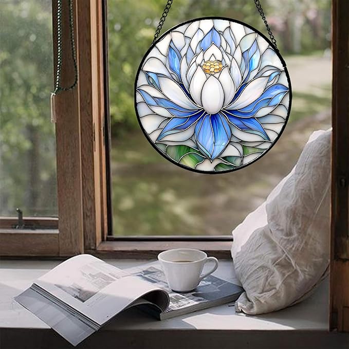 Stained Glass Window Hanging - Blue and White Lotus Petal Suncatcher for Doors Window Home Sun Catchers Decor Christmas Mother's Day July Birthday Gifts for Teacher Women Men Mom Nana 6.3 in