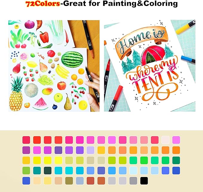 Dual Markers Brush Pens, 72 Colors Art Marker Set with Brush and Fine Tips – Premium Art Supplies for Adults, Perfect for Coloring Books, Hand Lettering, Calligraphy, and Drawing