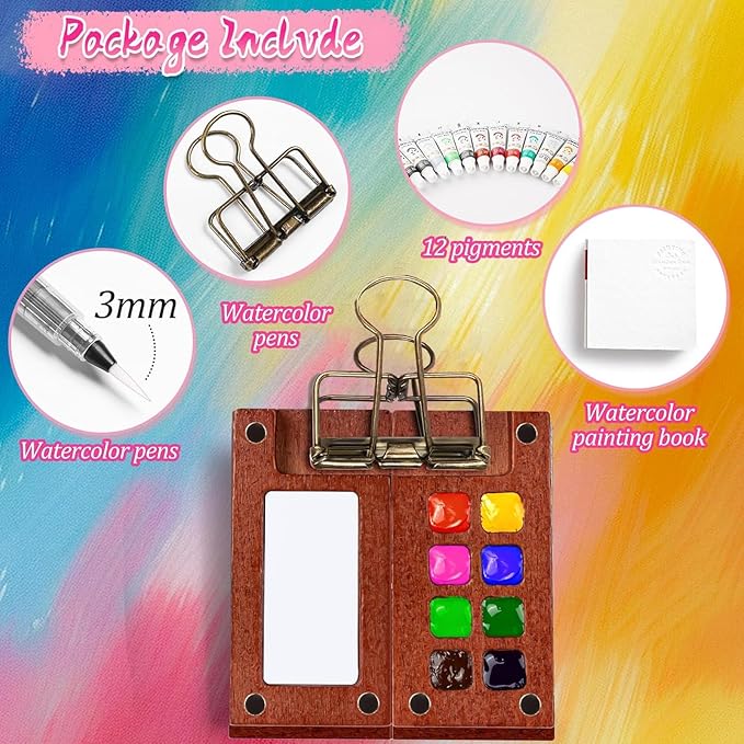 Mini Watercolor Travel Set, 2026 New Portable Pocket Artist Watercolor Paint Set with Picture Book, Wooden Paint Palette for Painters, Artists, and Students (8 Grids with 12 Color Paints)