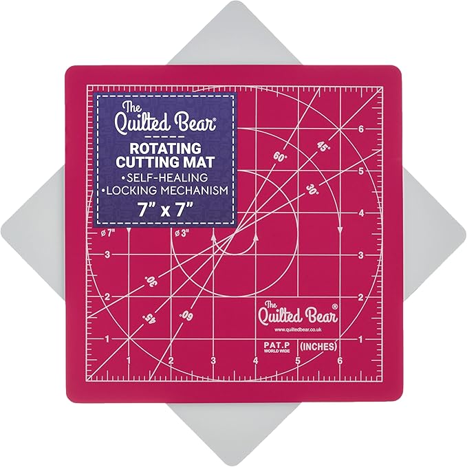 The Quilted Bear Rotating Cutting Mat 7" x 7" - Locking & Rotating Self Healing Cutting Board for Sewing, Fabric & Effortless Quilting - 360 Degree Sewing Supplies Mat for Craft Table (Pink)