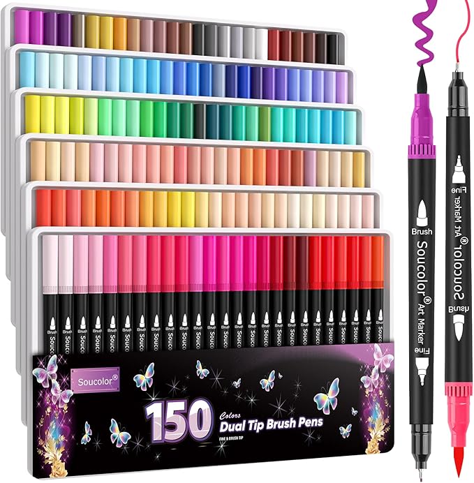 Soucolor Gifts for Women, Gift Baskets for Women Adult, 150 Colors Dual Tip Brush Markers for DIY Journal Kit Coloring Drawing Sketching, Sister Gifts Sets Box
