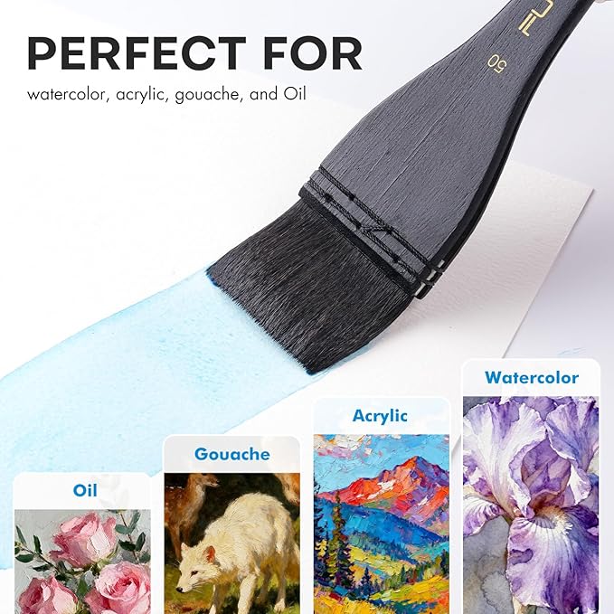 Flat Watercolor Brushes, Fuumuui 50mm Professional Squirrel Hair Flat Hake Brushes, Artists Scale Large Paint Brush with Long Handle for Watercolor and Acrylic Paints