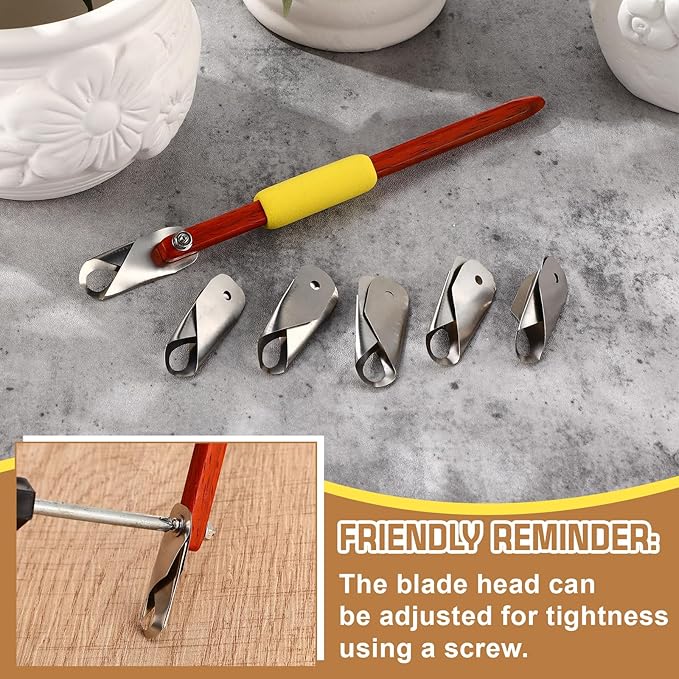 Lanties Pottery Carving Tools Set Include 5 Stainless Steel Blades & Red Pear Wood Handle, Sculpture Scraper Craft Modelling Tools for Clay, Ceramic Sculpting, Graffito, Relief Art(U-tip)