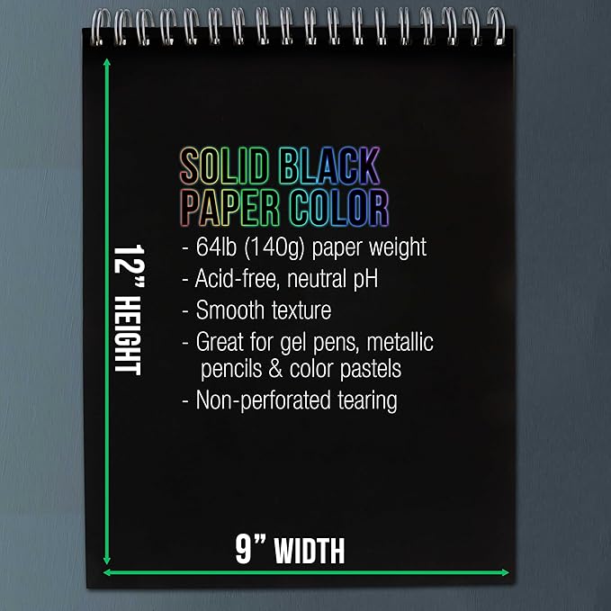U.S. Art Supply 9x12 Premium Heavy-Weight Black Paper Sketchbook, 64lb (140gsm), 2 Pack, 30 Sheets, Spiral Bound, Black Paper Notebook for Colored Pencil, Markers, Oil Pastels, Chalk, Charcoal