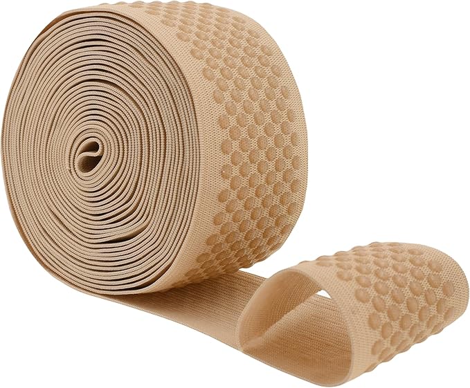 Mandala Crafts 2 Inch Elastic Silicone Gripper Tape for Clothing - 5 Yds Dotted Non Slip Elastic Band for Sewing - Tan Silicone Flat Fabric Stretchy Ribbon Straps