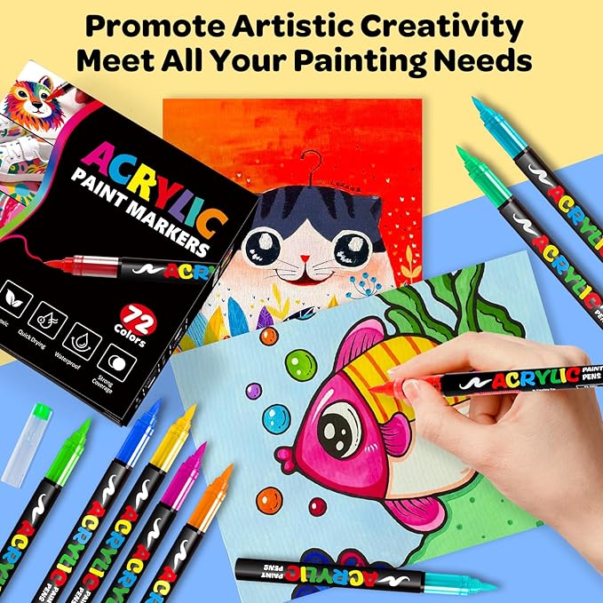 72 Colors Acrylic Paint Markers, Brush Tip Acrylic Paint Pens for Painting Rocks, Wood, Canvas, Glass, Fabric, Egg, Stone and DIY Crafts for Adults, Kids Art Supplies