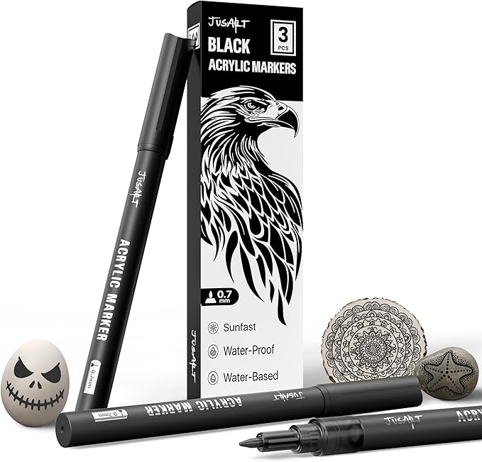 JusArt 3 Pack Black Acrylic Paint Markers, 0.7mm Fine Point Acrylic Paint Pens for Rock Painting, Art Projects, Ceramic, Glass, Wood, Metal, Fabric, DIY Crafts, Ideal Black Paint Pen for Art Supplies