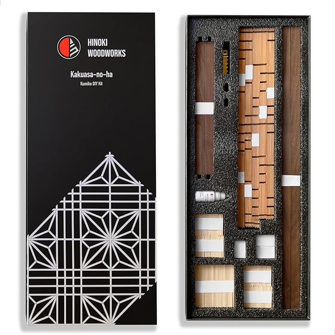 Hinoki Woodworks Kumiko DIY Kit Kakuasa-no-ha Pattern. Ready to Assemble Project with 154 Wood Pieces | Japanese Woodworking craftmanship | Wall Art Display | Gifts for dad & Husband