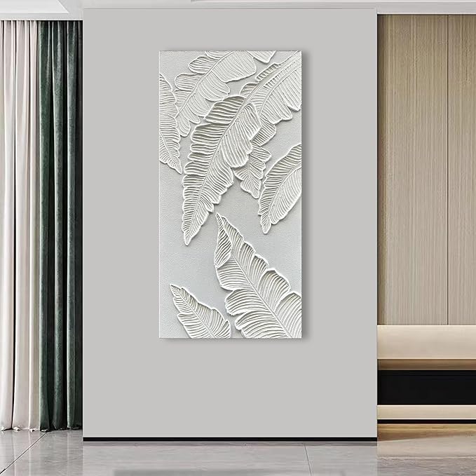 NANKAI Art Hand Painted Thick Texture White Abstract Art Oil Painting 48x24 inch White Leaf Texture Painter House Wall Art Decorative Oil Painting