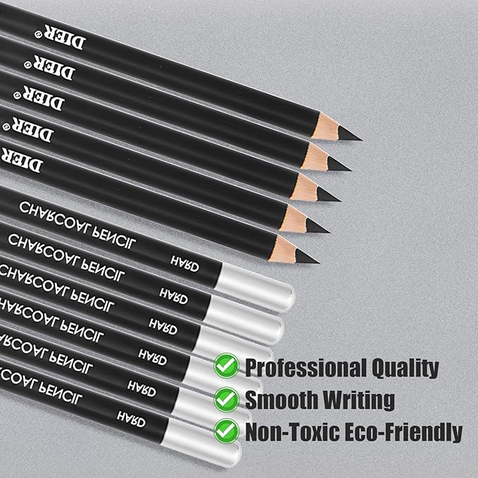 Geyoga 180 Pcs Professional Charcoal Pencils Drawing Set Soft Medium and Hard Charcoal Sketch Drawing Pencils for Beginners Artists Shading Sketching