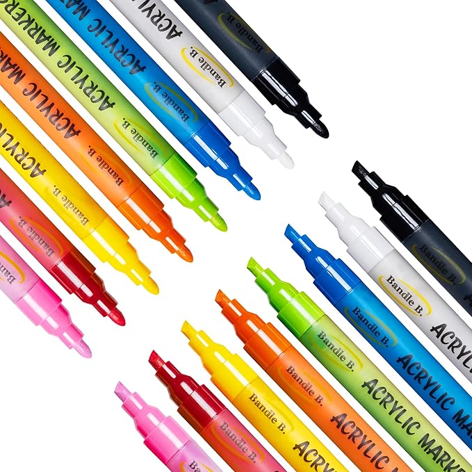 Bandle B. Acrylic Paint Markers – Set of 8 Paint Pens for Art, Fabric, Coloring, and Journaling–Quick-Drying, Waterproof, Non-Toxic, Reversible Chisel-Dot Tip
