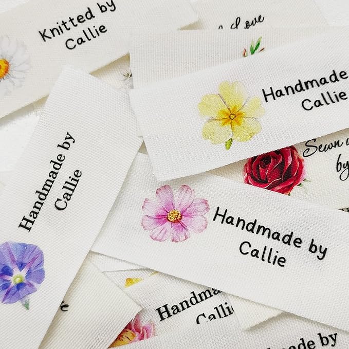 callie Personalized 10-100Pcs Sewing Labels - Custom Birth Flower & Name, Fabric Made with Love Sewing Tags for Handmade Items Clothes, Gifts for Knitting DIY Craft Lovers