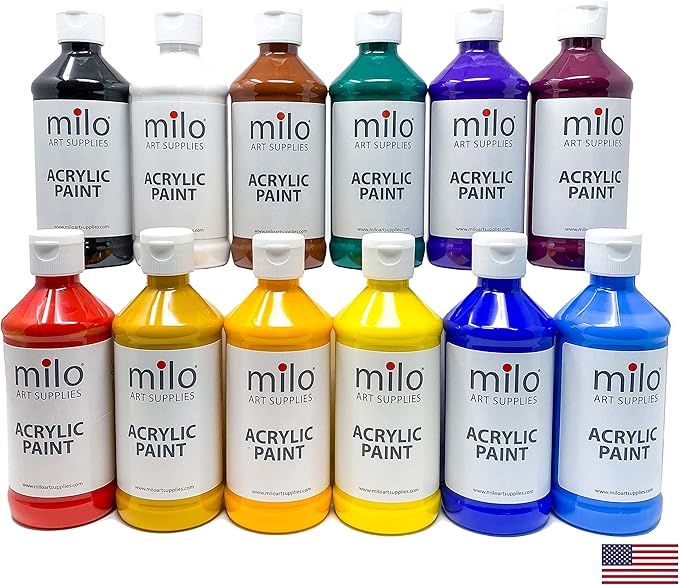 milo Acrylic Paint Set of 12 Colors | 8 oz Bottles | Student Primary Colors Acrylics Painting Pack | Made in the USA | Non-Toxic Arts & Crafts Paints for Artists & Hobby Painters