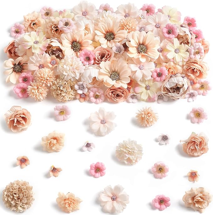 Faux Flower Heads Mini Champagne Artificial Flower Heads Fake Peony Daisy Rose Flowers Multicolor Small Silk Daisy Flower Heads for Craft Garland Wedding Party DIY Home Decoration,2-4 cm