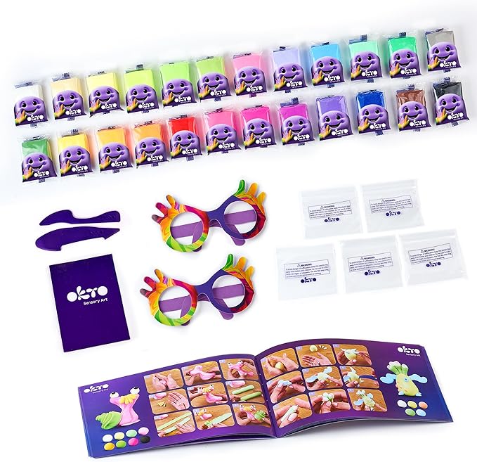 Okto Air Dry Clay for Kids – 24 Colors Foam Clay Set – Non-Sticky, Dries in ~24 Hours – Sculpting Tools, Fun Glasses, Storage Bags & Photo Guide – Sensory Craft Kit