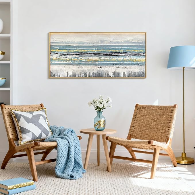 Large 100% Handmade Abstract Oil Painting with Frame Modern Original Hand Painted Blue Ocean Wall Art Modern White Gold Pictures Minimalist Artwork for Living Room Bedroom Office Dining Room 48x24in
