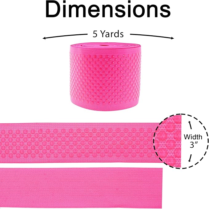 Mandala Crafts 3 Inch Elastic Silicone Gripper Tape for Clothing - 5 Yds Dotted Non Slip Elastic Band for Sewing - Hot Pink Silicone Flat Fabric Stretchy Ribbon Straps