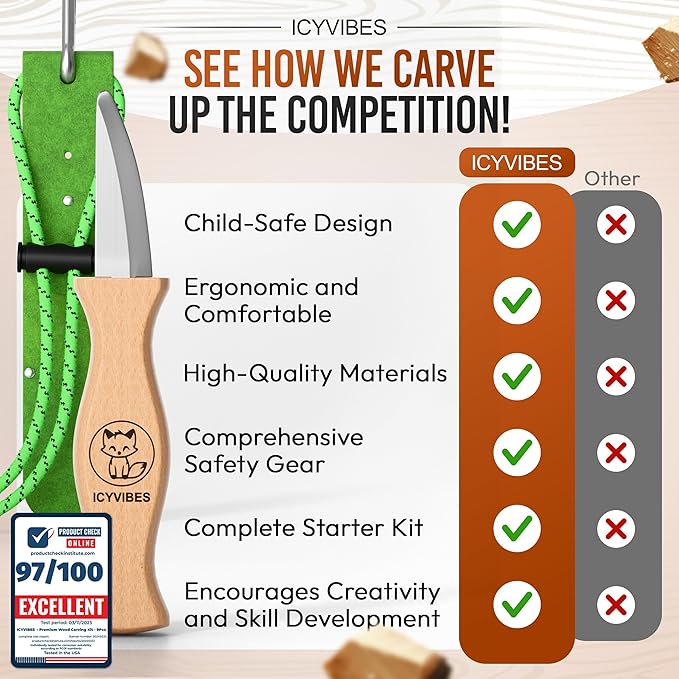 Premium Wood Carving Kit for Kids - 2026 Upgraded Gift 9 Pcs Whittling Knife Set with Safety Gloves Chisel Pocket-Friendly Working Tools Leather Case Creative Bowl Sharpener Perfect Gifts (Green)