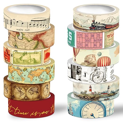 Vintage Washi Tape Set,12 Rolls World Travel Navigation Map Stamp Aesthetic Decorative Tape Masking Washi Tape for Journaling Supplies, Scrapbooking, DIY Arts & Crafts, Gift Wrapping