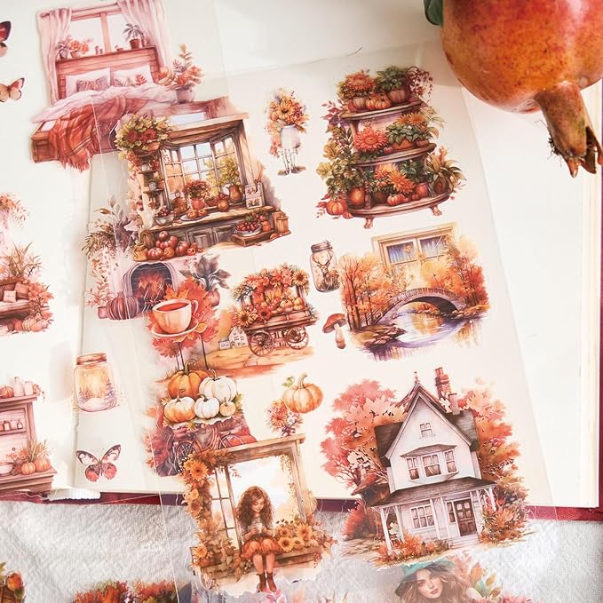 MAFELOE 20 Pages PET Scrapbook Stickers, Aesthetic Deco Supplies for Journaling Junk Bullet Diary Album Calendars-Travel Scenery Series-Orange (Y3-P-SSYS)