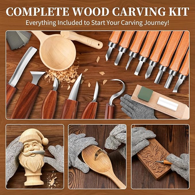 YOYUPETA Wood Carving Kit, 30-Piece Professional Whittling & Carving Tool Set with Walnut Handle Knives, Detail Gouges, Sharpening Stone, Strop & Cut-Resistant Gloves for Adult Hobbyists and Craft Use