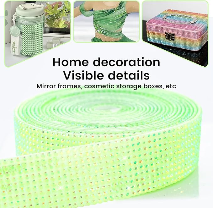 Novani Self Adhesive Rhinestone Ribbon, 0.78 Inch Wide 3 Yards 1 Roll, Light Green AB Diamond Bling Strips for DIY Crafts, Glitter Resin Rhinestones Tape for Crafting, Car Decoration