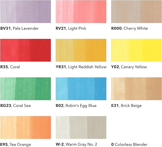 Copic Ciao Illustration Book Bundle Set, Alcohol-Based Markers (12 pcs) with an Instruction Book
