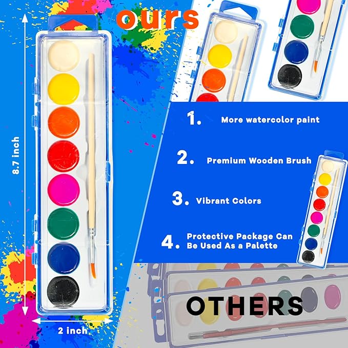 42 Pack Watercolor Paint Set for Kids - 8 Washable,Bright Colors with Paintbrush Watercolor Paint Bulk for Kids Party Favors,Classrooms Supplies,Art Lessons