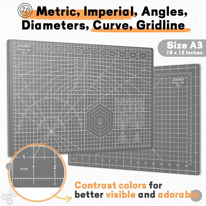 Premium Self Healing Cutting Mat 18'' x 12'', A3 Non-slip Sewing Mat for Quilting, 5-Ply Rotary Cutting Board Double-Sided for Crafts Cutting Fabric Scrapbooking Modeling Projects, Anthracite Gray