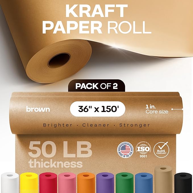 Brown Paper Roll 36" x 1800" (150 feet), Pack of 2 - USA-Made Brown Packing Paper 50lb Thickness for Moving, Shipping, Crafts/Arts - 100% Recycled Natural Wrapping Material by IDL Packaging