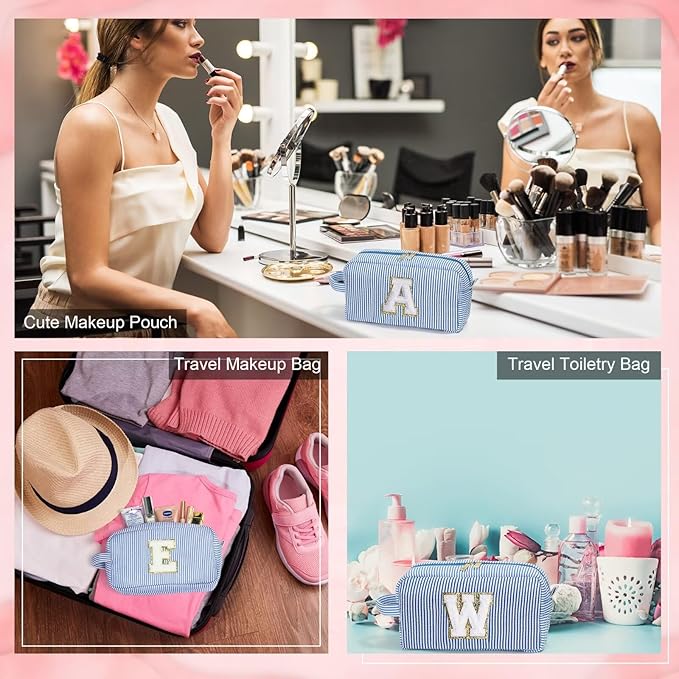 YOOLIFE Initial Makeup Bag for Women - Monogram Cute Blue Makeup Bags Cosmetic Toiletry Pouch Make Up Case for Women Her Best Friend Friendship Sister Teacher, Personalized Birthday Gifts for Women L