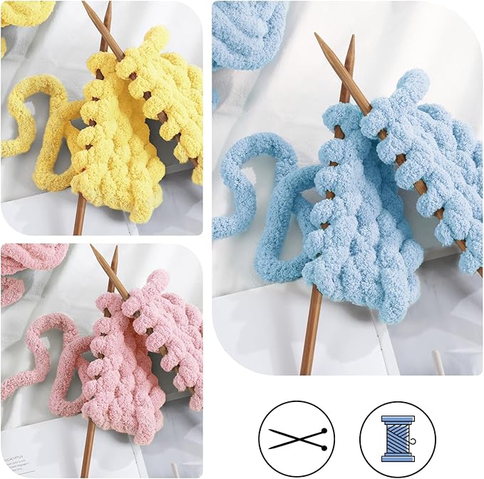 HOMBYS 12 Pack Chunky Yarn for Crocheting,Super Bulky Large Soft Fluffy Yarn,Plush Fuzzy Yarn,Thick Chenille Yarn for Hand Knitting/Arm Knitting,4 Pink,4 Buttercup,4 Sky Blue(Each 27yds,8 oz)