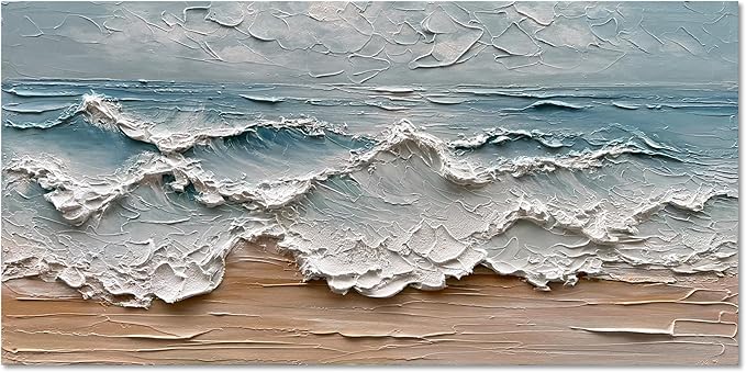 Art 24x48 inches Hand-Painted Sea Wave Beach Landscape Oil Painting Modern Abstract Canvas Art Large Oil Painting Home Office Wall Decoration