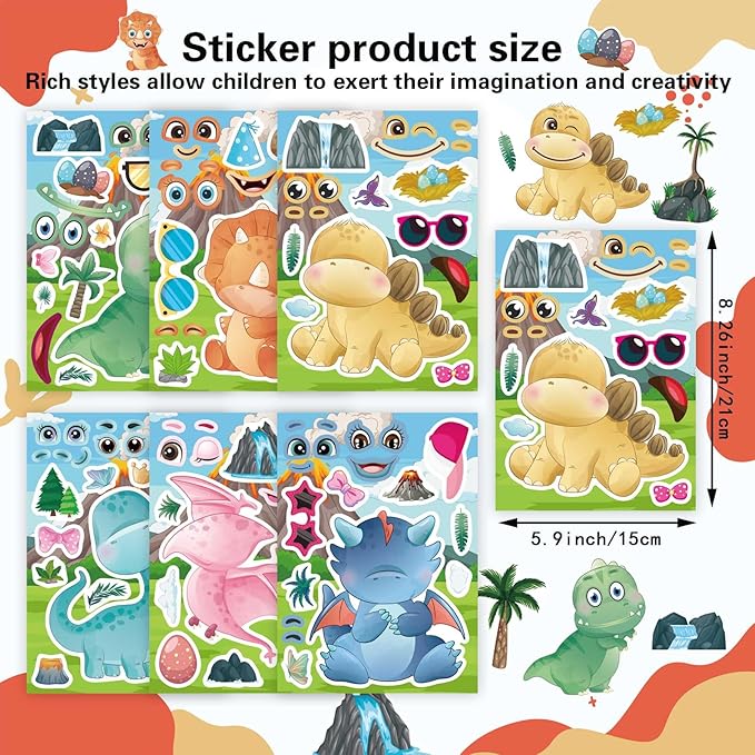 DUJAA 24 Multicolor Cartoon Cute Dino Dinosaur Stickers for Kids & Toddlers, Waterproof Vinyl Stickers for Wardrobe, Luggage, Backpack & Indoor Use