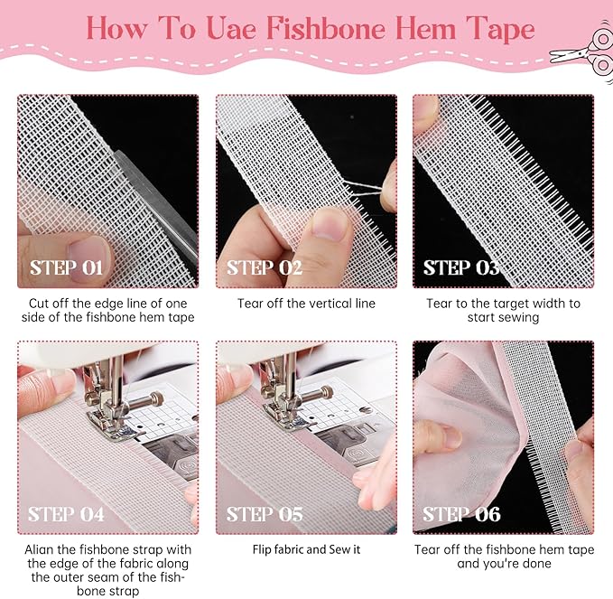 50 Yards Fishbone Rolled Hem Tape Ban Roll Tape for Sewing Narrow Hem Chiffon Fabric Rolled Hem Guide Edge Sewing Tool Fishbone Boning Lining Hemming Tape Sewing Accessories and Supplies