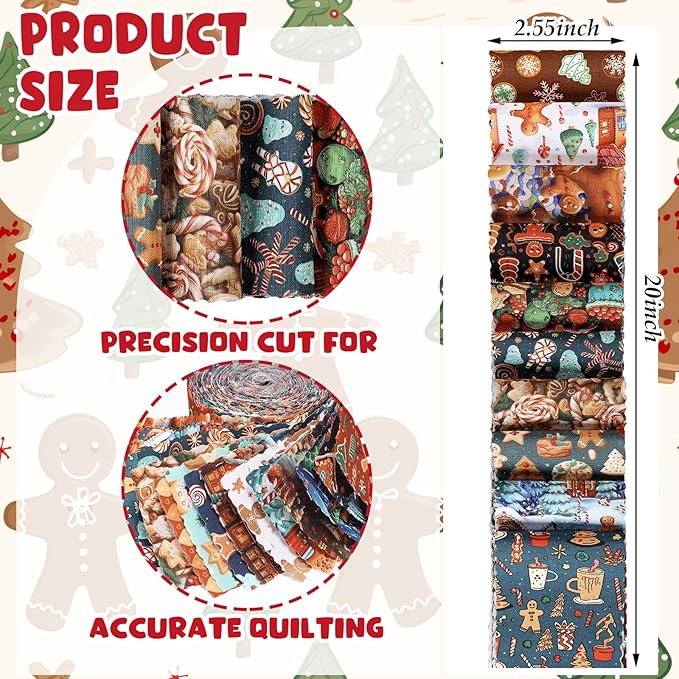 40 Pcs Christmas Gingerbread Man Quilting Fabric Roll 2.56 Inch Precut Fabric Squares Jelly Patchwork Candy Canes Strips Materials for Winter Xmas Holiday Craft Sewing Panels DIY