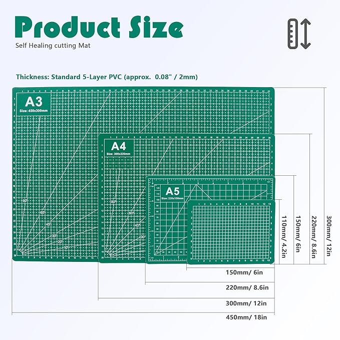 4 Packs Cutting Mats, 4size Double Sided Cutting Mat, Non-Slip 5 Layers PVC Cut Mat for Craft Art Projects Fabric Sewing, Scrapbooking Mat, A3 A4 A5 A6