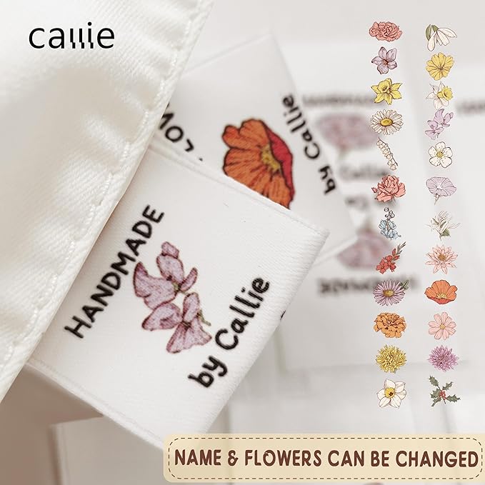 callie Personalized 10-100Pcs Sewing Labels - Custom Birth Flower & Name, Fabric Handmade with Love Sewing Tags for Clothes, Gifts for Knitting DIY Craft Lovers