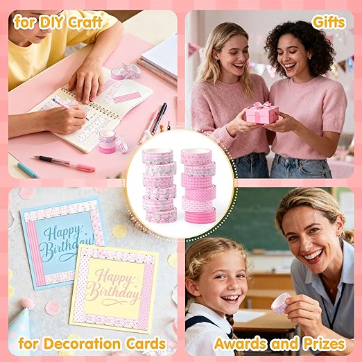 Laffact Pink Goose Washi Tapes - 12Rolls Pink Watercolor Coquette Bow Silly Goose Plaid Decoration Tape Set, Wrapping Paper Tape for Scrapbook Journal DIY Art Craft for Baby Shower Party Birthday Gift