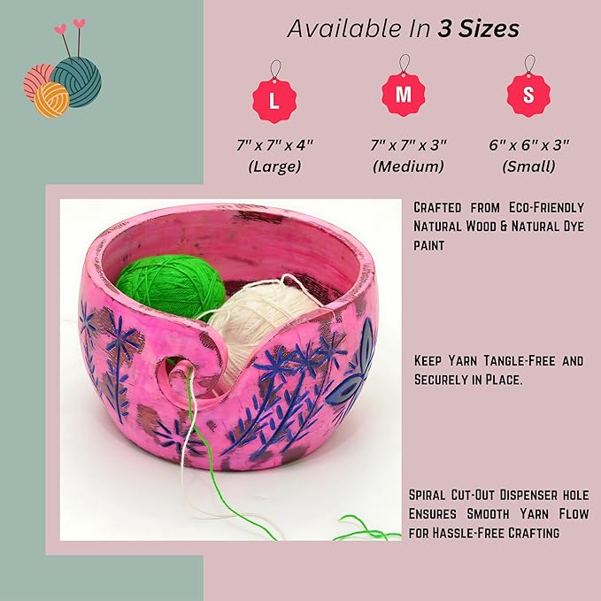 Nagina International Exquisite Premium Yarn Ball Storage Bowls | Hand Painted Lovely Decor Yet Functional Yarn Dispenser (Medium ( 7 x 3 x 7 Inches ), Vanilla Pink)