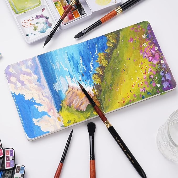 Fuumuui Travel Watercolor Brushes, 5Pcs Professional Plein Air Elegant Natural Squirrel Hair Travel Paint Brush Set with Sable Extended Needle Point Perfect for Watercolor Gouache Ink Painting