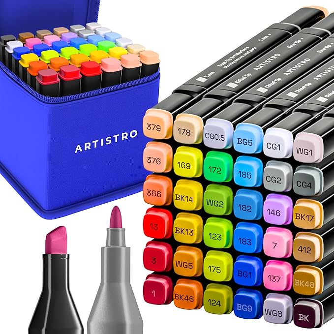 Alcohol Dual Tip Markers Set of 36 with No Bleed Ink, Bonus Case and Vibrant Fade-Resistant Colors, Art Supplies for Sketching, Manga, Drawing, Adult Coloring Books, Card Making (Fine & Chisel)