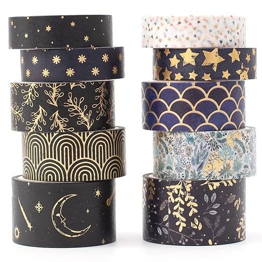 YUBX Creative Washi Tape Set 10 Rolls Gold Foil Print Decorative Masking Tapes for Arts, DIY Crafts, Journals, Planners, Scrapbook, Wrapping (Black Mashup)