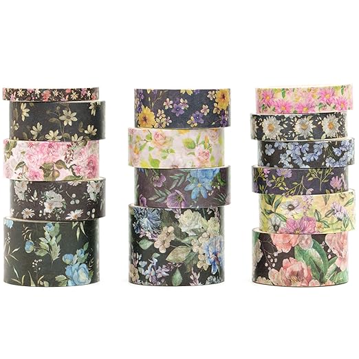 Floral Washi Tape Set - 15 Rolls Flowers Arts Adhesive Tapes Garden Blooms Decorative Masking Tape Sets for Craft, Kids, Scrapbook, DIY, Gift Wrloapping (2-Midnight Bloom)