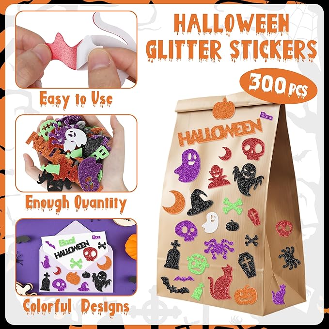 300Pcs Halloween Stickers, Self-Adhesive Glitter Halloween Foam Stickers, Assorted Shape Pumpkin Spider Bat Sticker, Halloween Party Favors Bulk for DIY Crafts Home Decorations